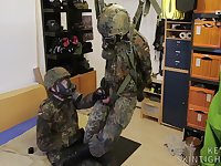 Two Soldiers In German Flecktarn In Gas Masks Wanking