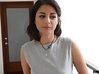 Smallish breasted dark haired with a magnificent smirk is deep-throating a yam-sized knob and railing it frantically