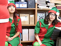 Santa enjoys a threesome with two attractive college women, indulging in oral respect and intense facial climax