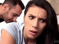 A stunning brunette in large breasts gives bottomless gulf viva voce delight to a well-endowed beggar in front engaging in vaginal intercourse