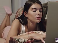A young brunette allows her adorable step-brother to give her a sensual massage before gripping more sexual activity