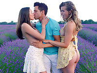 Paunchy mentor penetrates voluptuous breasts of young beauties in a plantation setting